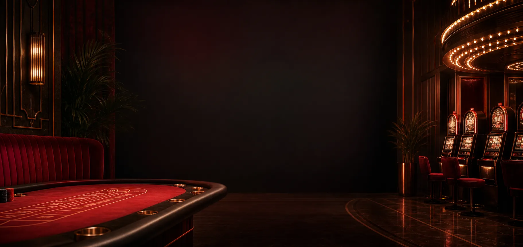 Crimson casino table and art-deco slot lobby with dark centre space