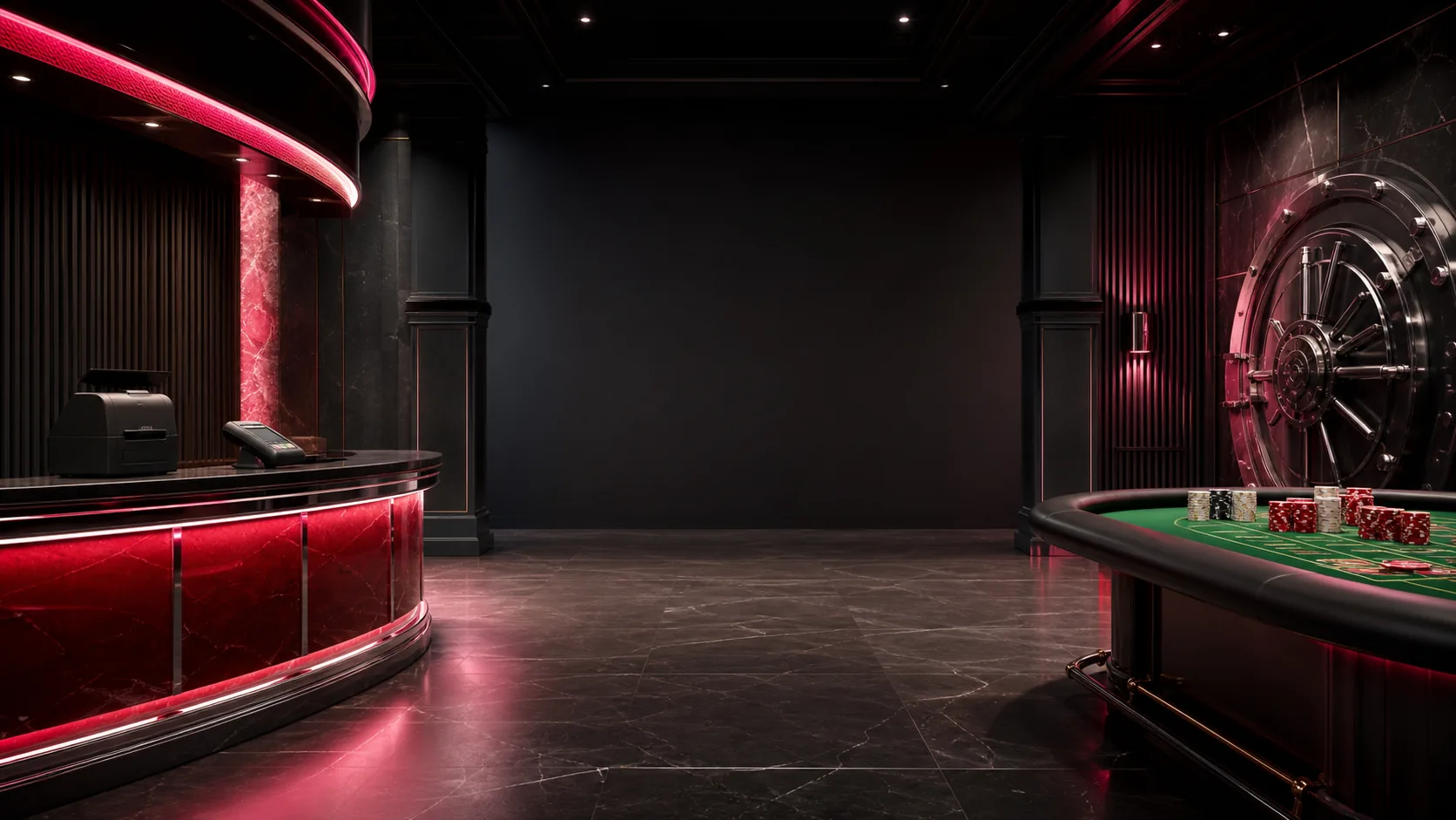 Red casino cashier counter and green felt table inside a dark casino lounge